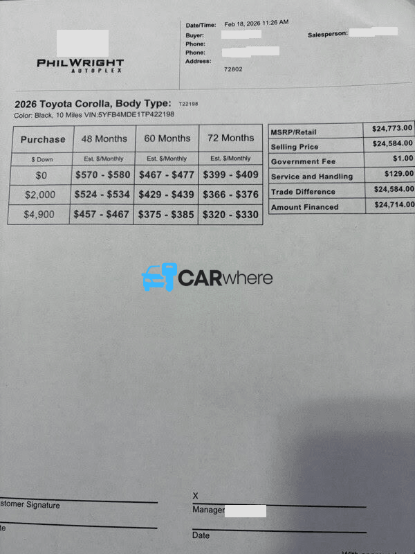 Redacted 2026 Toyota Corolla LE deal sheet from Phil Wright Autoplex in Russellville, AR — what a verified buyer paid