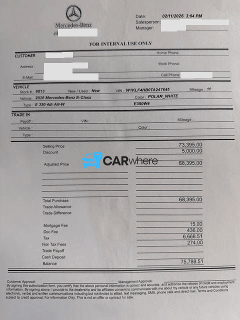 Redacted 2026 Mercedes-Benz E-class E 350 All-w deal sheet from Mercedes-Benz of New Orleans in New Orleans, LA — what a verified buyer paid