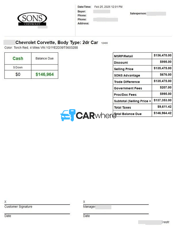 Redacted 2026 Chevrolet Corvette Z06 2lz deal sheet from Sons Chevrolet in Columbus, GA — what a verified buyer paid