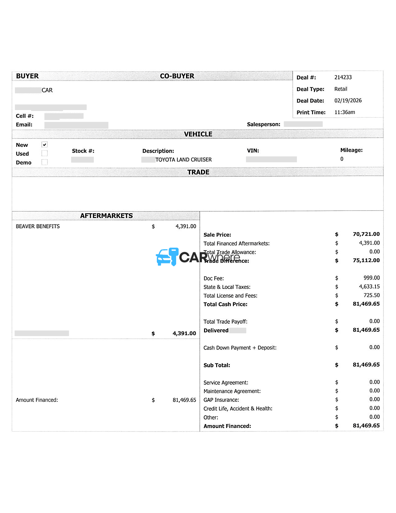 Redacted 2026 Toyota Land Cruiser deal sheet from Beaver Toyota in Saint Augustine, FL — what a verified buyer paid