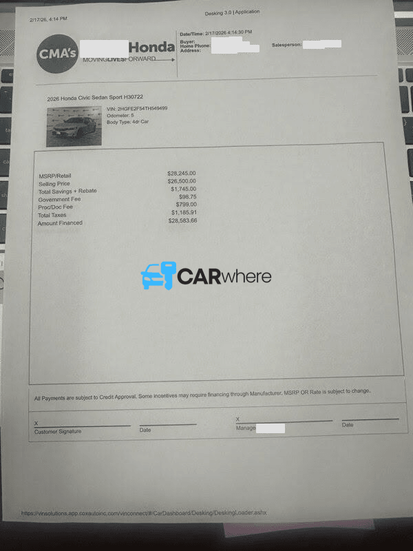 Redacted 2026 Honda Civic Sport deal sheet from Cma's Valley Honda in Staunton, VA — what a verified buyer paid