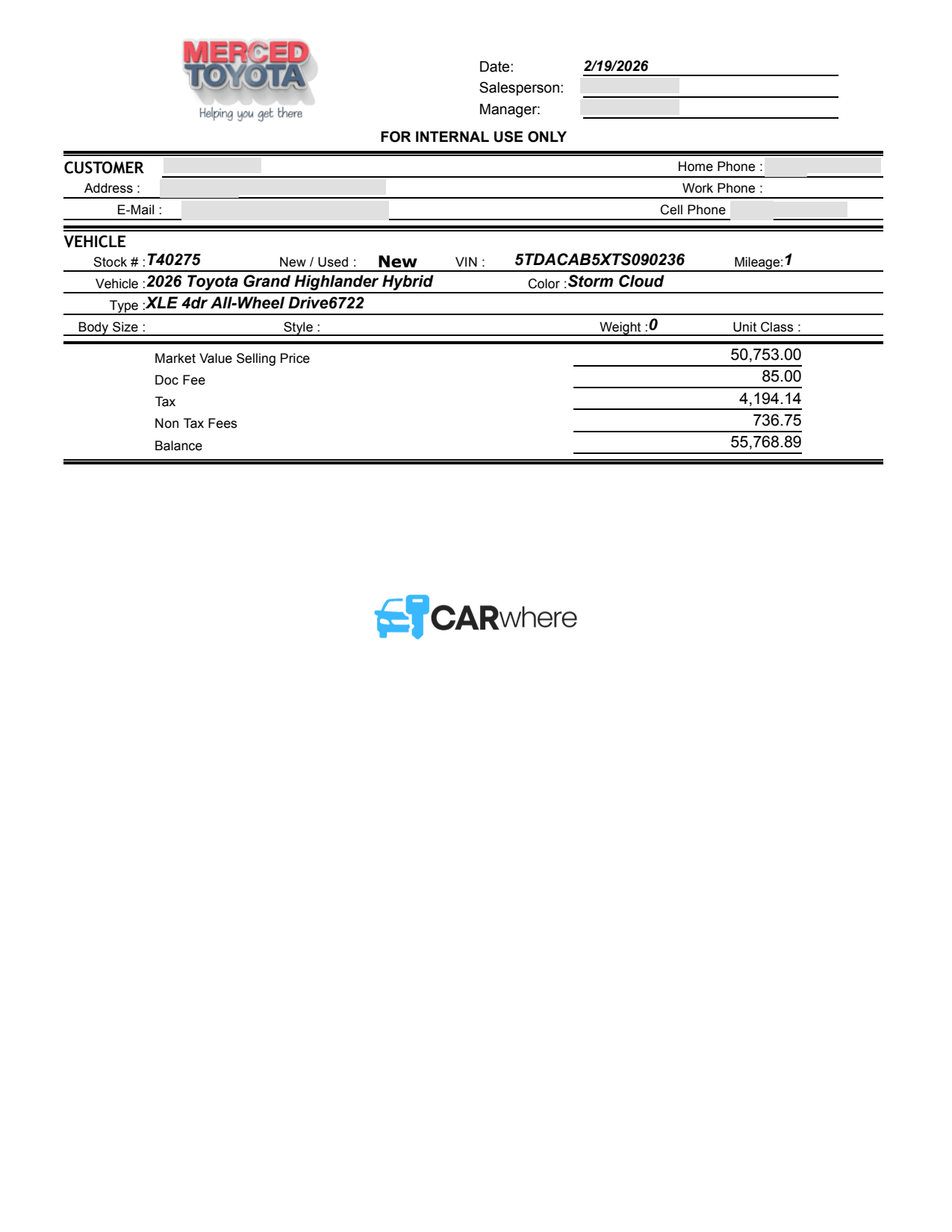 Redacted 2026 Toyota Grand Highlander Hybrid XLE All-wheel deal sheet from Merged Toyota in Merced, CA — what a verified buyer paid