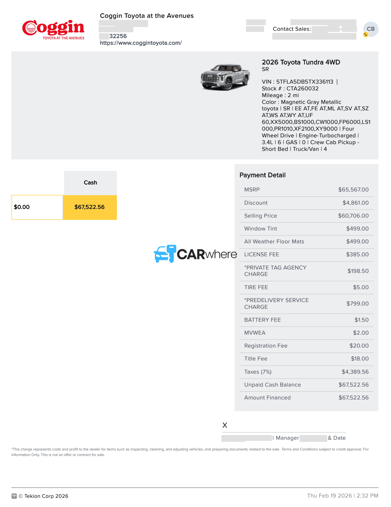 Redacted 2026 Toyota Tundra SR deal sheet from Coggin Toyota at the Avenues in Jacksonville, FL — what a verified buyer paid