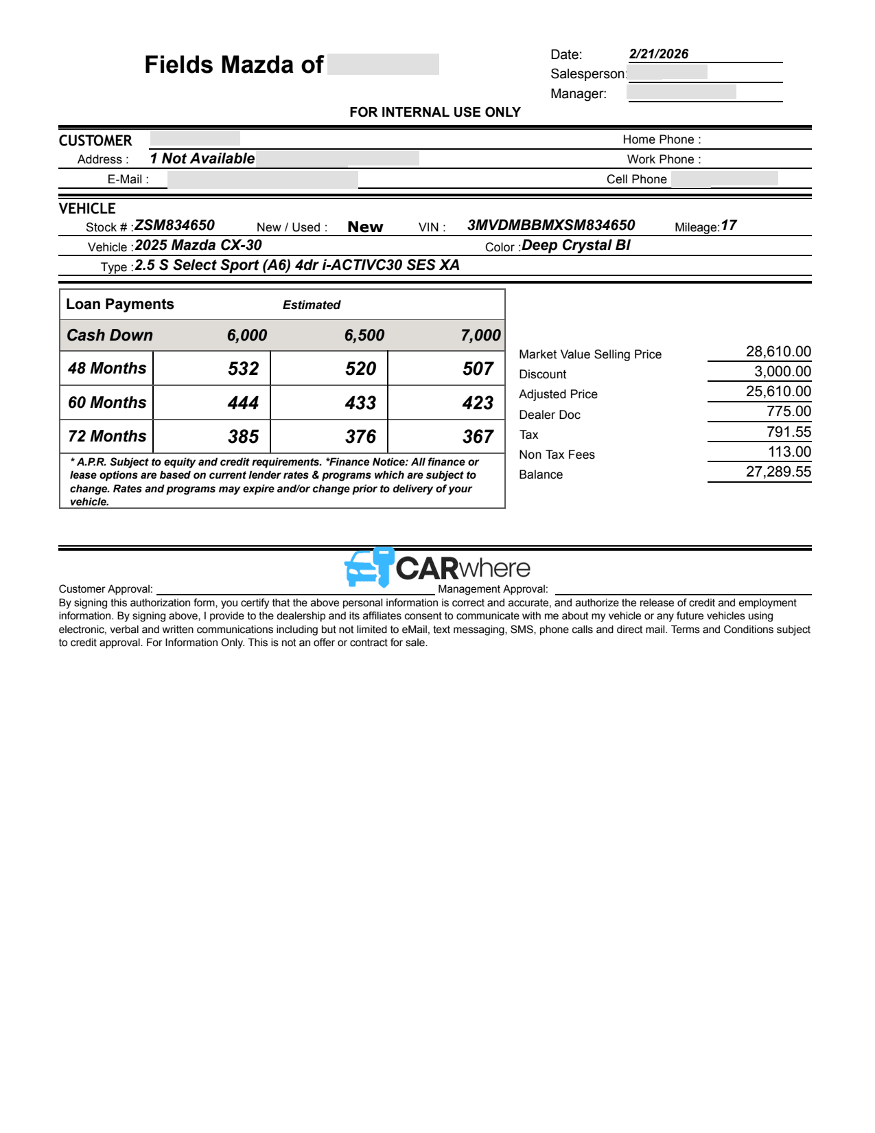 Redacted 2025 Mazda CX-30 deal sheet from Fields Mazda of Asheville in Asheville, NC — what a verified buyer paid