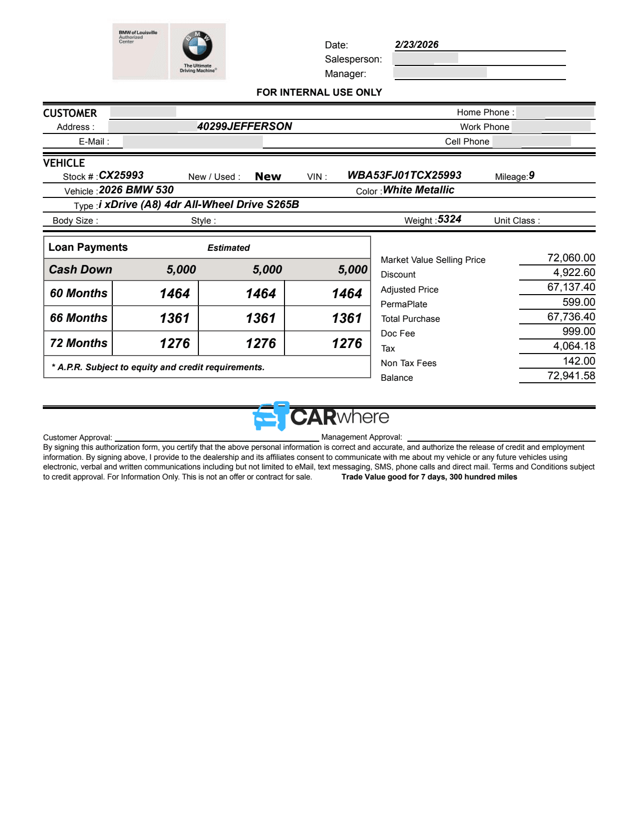 Redacted 2026 BMW 530 () S265B deal sheet from BMW of Louisville in Louisville, KY — what a verified buyer paid