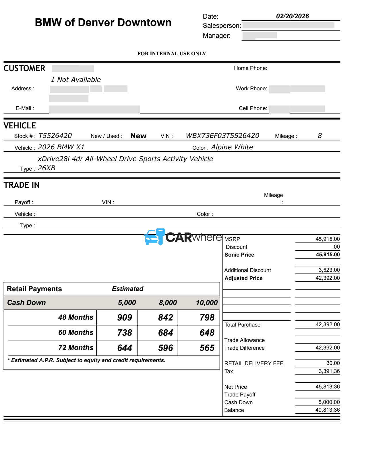 Redacted 2026 BMW X1 xDrive28i deal sheet from BMW of Denver Downtown in Denver, CO — what a verified buyer paid