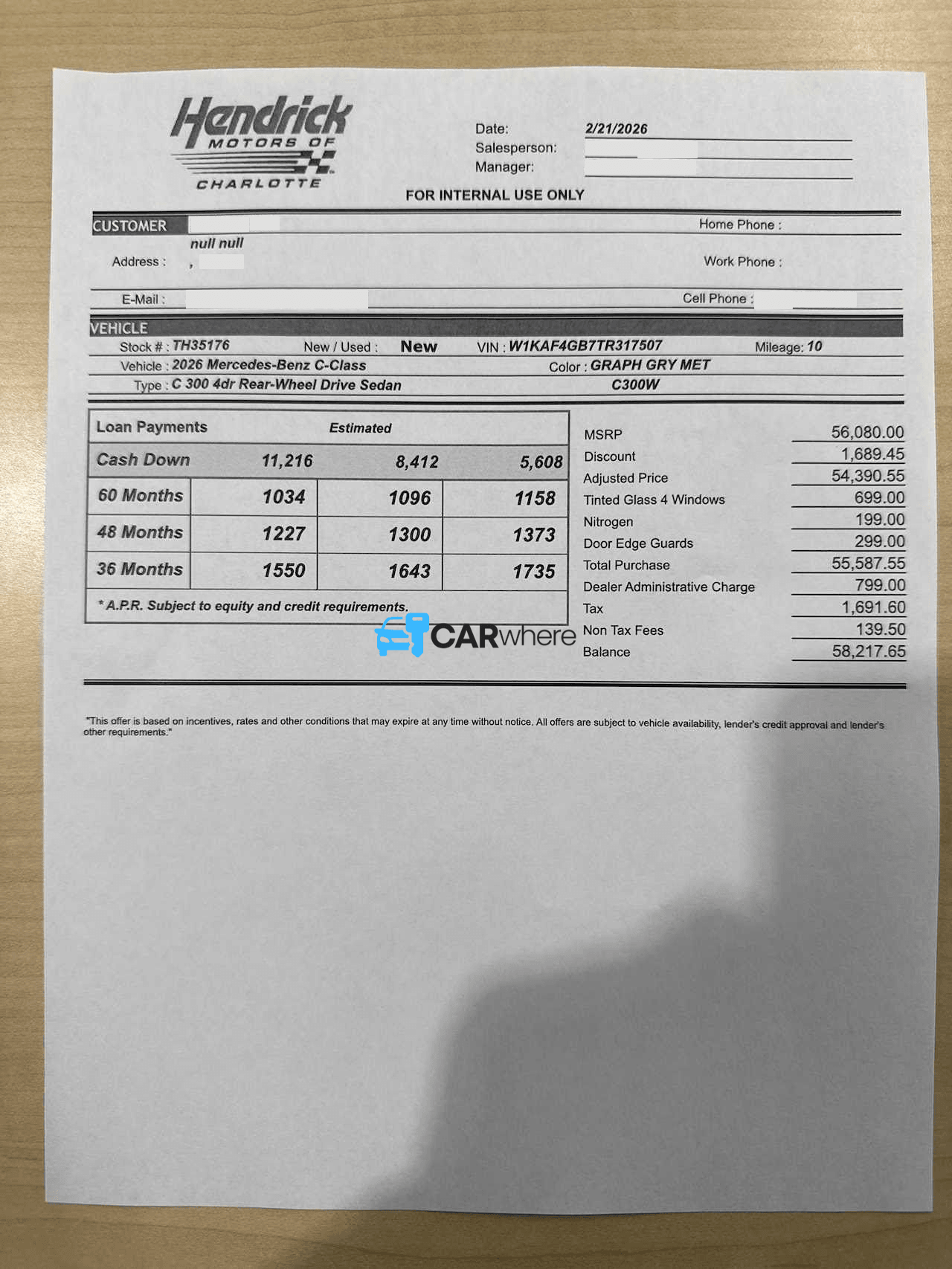 Redacted 2026 Mercedes-Benz C-class C 300 Rear-wheel Drive deal sheet from Hendrick Motors of Charlotte in Charlotte, NC — what a verified buyer paid