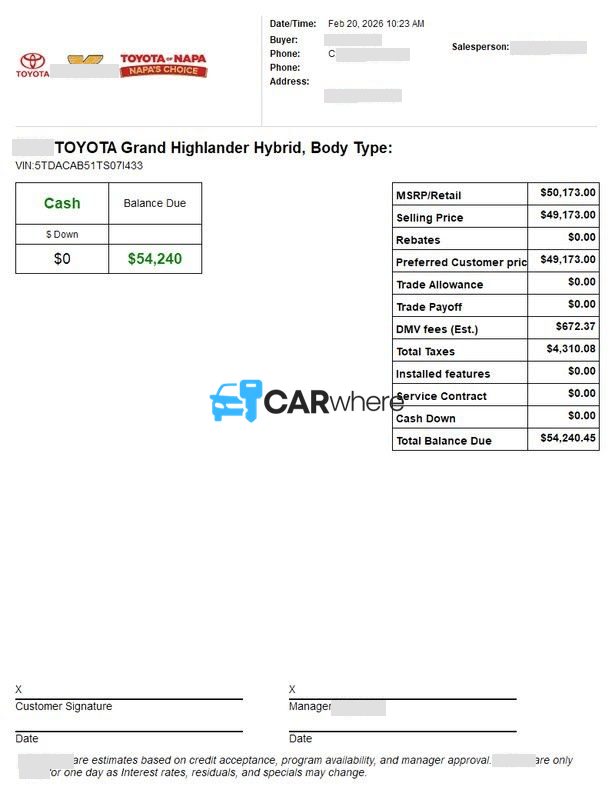 Redacted 2026 Toyota Grand Highlander Hybrid deal sheet from Toyota Napa in Napa, CA — what a verified buyer paid