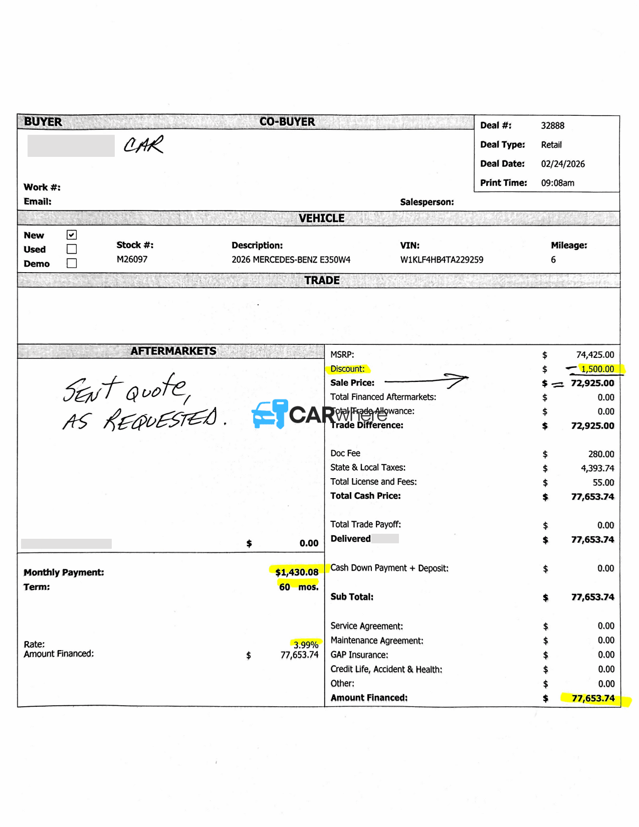Redacted 2026 Mercedes-Benz E350w4 E350 4matic deal sheet from Mercedes-Benz of Rochester in Rochester, NY — what a verified buyer paid