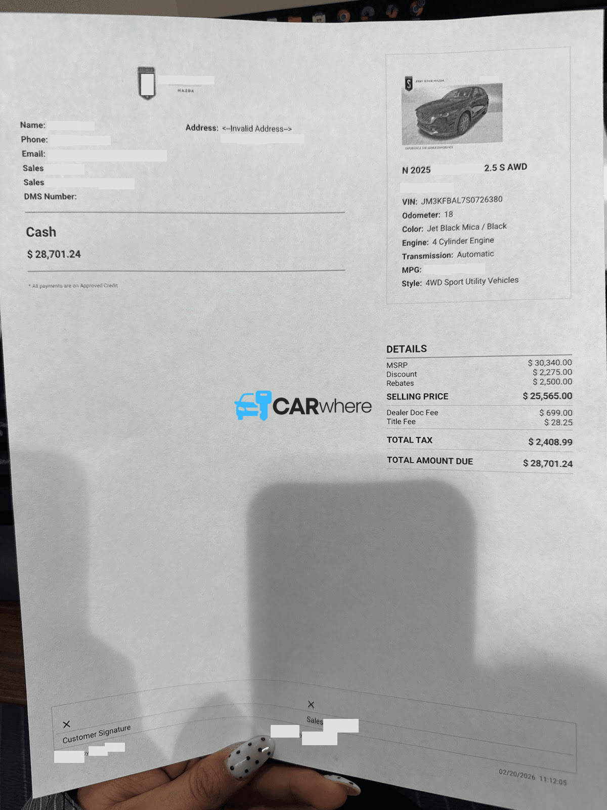 Redacted 2025 Mazda CX-5 S AWD deal sheet from Jerry Seiner Buick GMC Las Vegas in Las Vegas, NV — what a verified buyer paid