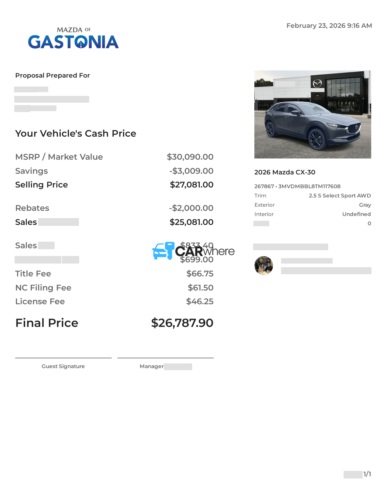 Redacted 2026 Mazda CX-30 2.5 S Select Sport AWD deal sheet from Mazda of Gastonia in Gastonia, NC — what a verified buyer paid