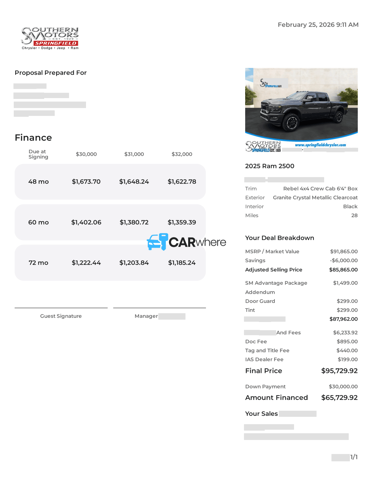 Redacted 2025 RAM 2500 Rebel 6'4" Box deal sheet from Southern Motors Springfield in Springfield, GA — what a verified buyer paid