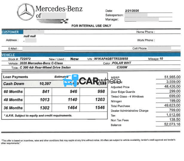 Redacted 2026 Mercedes-Benz C-class C300W deal sheet from Mercedes-Benz of Durham in Durham, NC — what a verified buyer paid