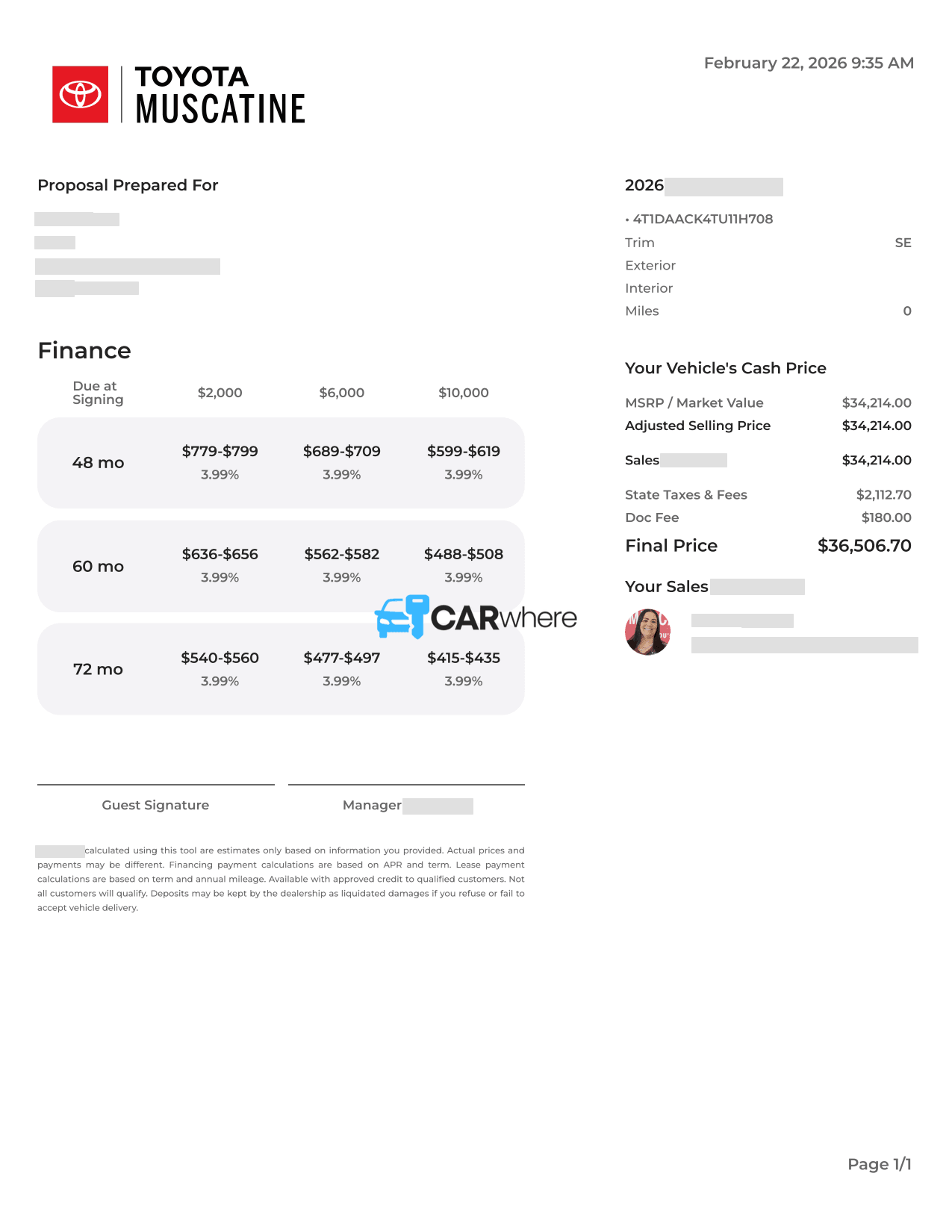 Redacted 2026 Toyota Camry SE deal sheet from Toyota Muscatine in Muscatine, IA — what a verified buyer paid