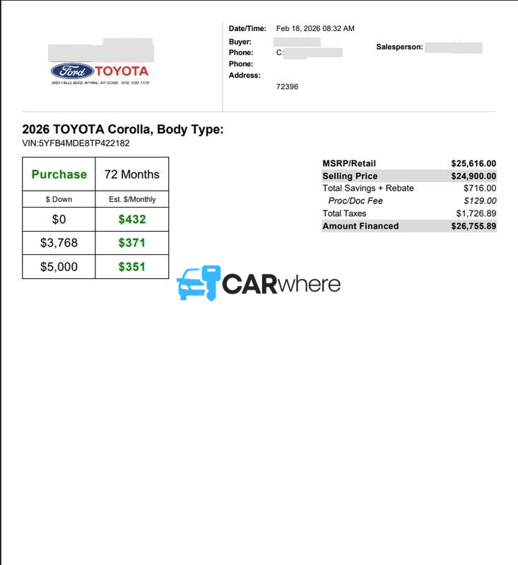 Redacted 2026 Toyota Corolla LE deal sheet from Red River Ford Toyota in Wynne, AR — what a verified buyer paid