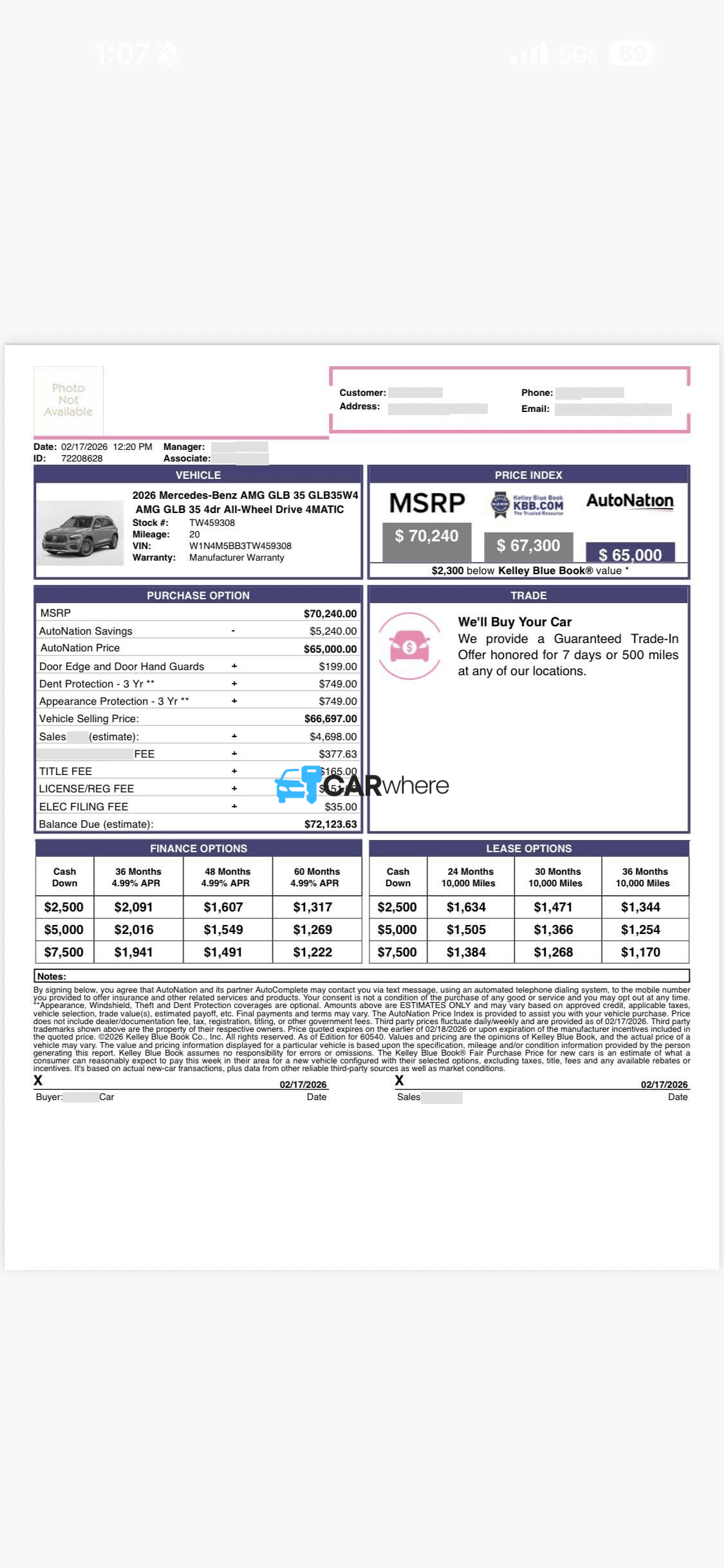 Redacted 2026 Mercedes-Benz GLB Amg Glb 35 4matic deal sheet from Autonation Collision Center Westmont in Westmont, IL — what a verified buyer paid