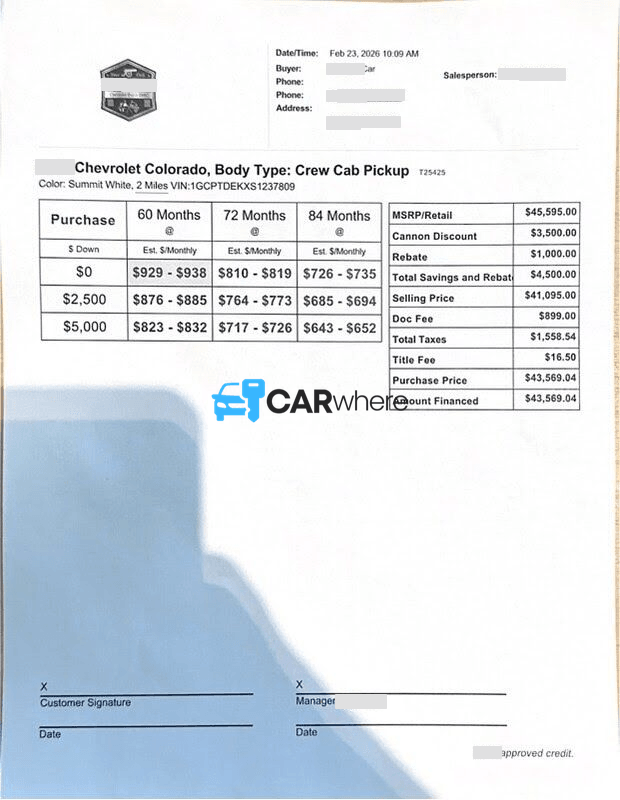 Redacted 2025 Chevrolet Colorado deal sheet from Carl Cannon Chevrolet Buick GMC - Sales in Jasper, AL — what a verified buyer paid