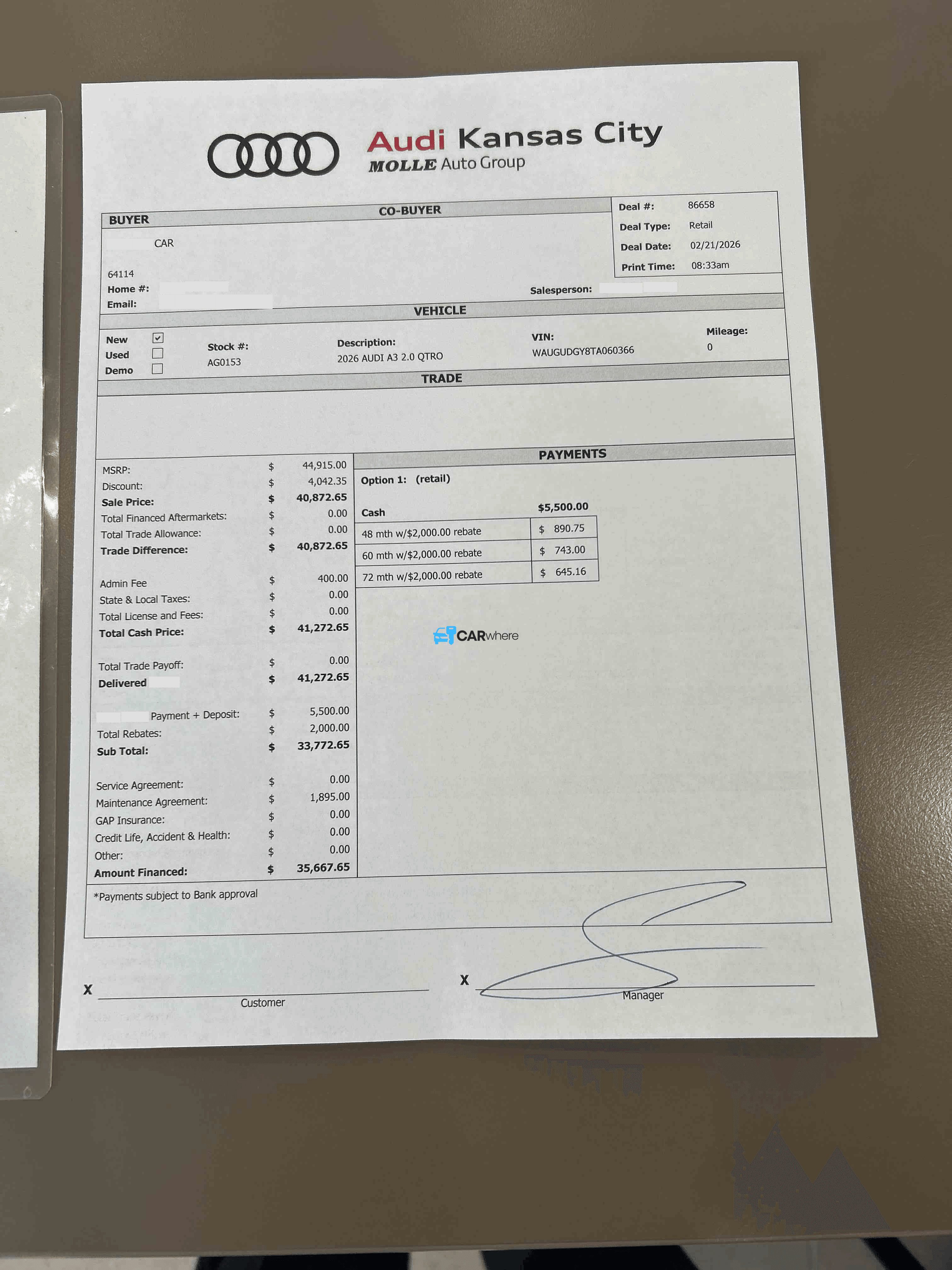 Redacted 2026 AUDI A3 2.0 Qtro deal sheet from Audi Kansas City in Kansas City, MO — what a verified buyer paid