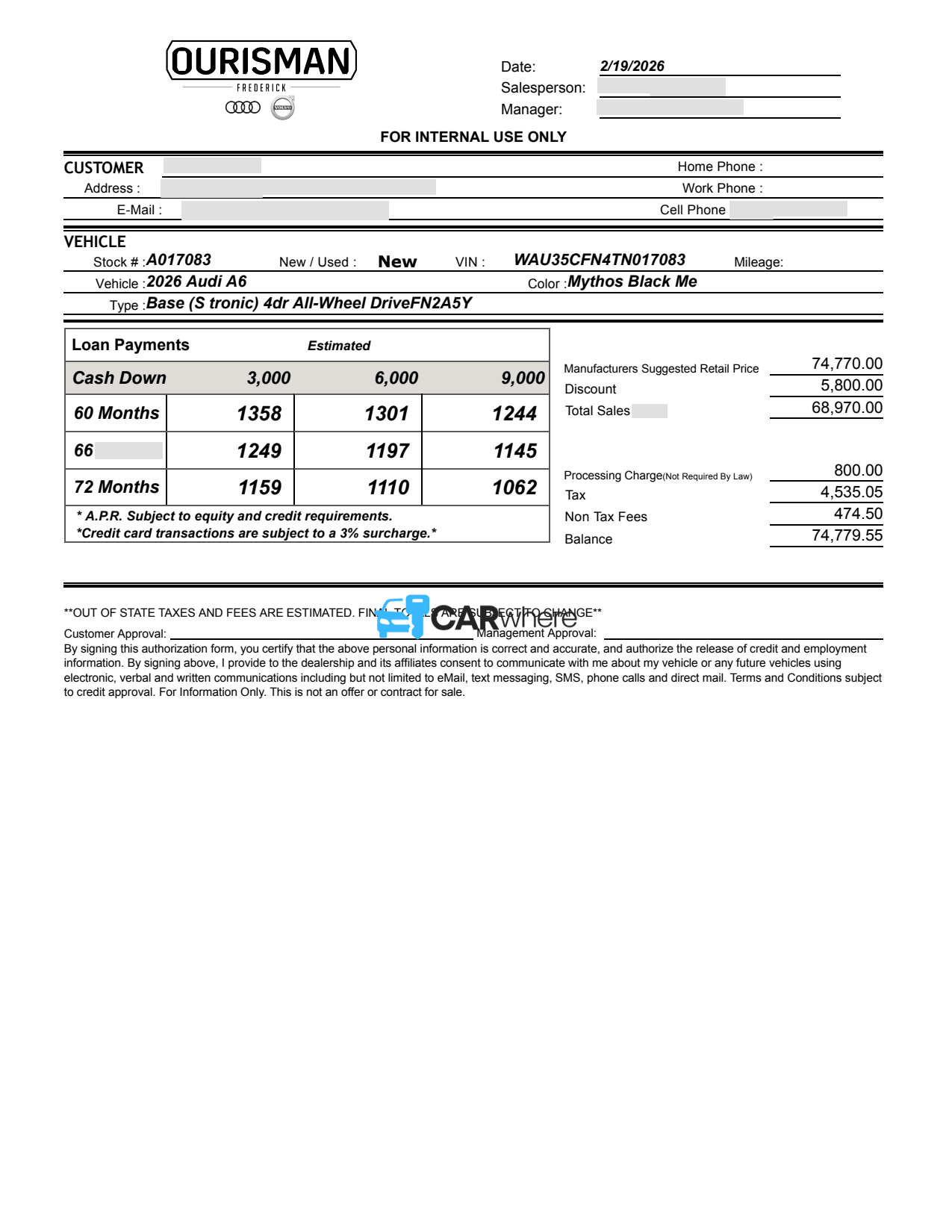 Redacted 2026 AUDI A6 Base deal sheet from Ourisman Frederick in Frederick, MD — what a verified buyer paid