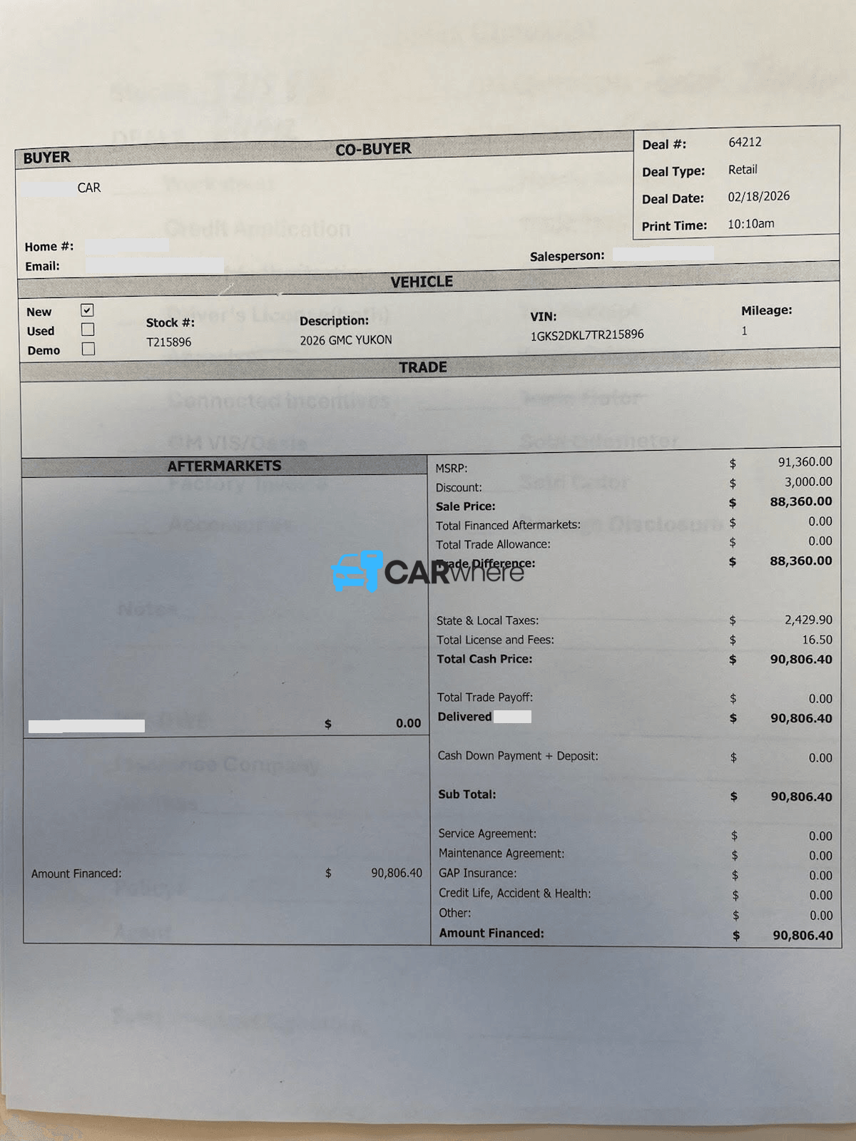Redacted 2026 GMC Yukon Denali deal sheet from Devan Lowe Cadillac Buick GMC in Rainbow City, AL — what a verified buyer paid
