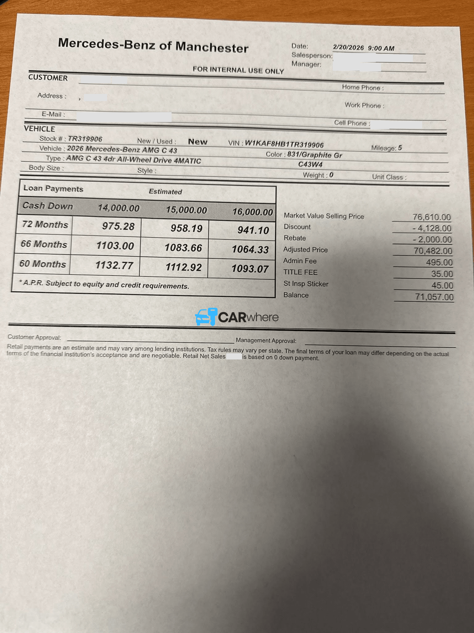 Redacted 2026 Mercedes-Benz Amg C 43 deal sheet from Mercedes-Benz of Manchester in Manchester, NH — what a verified buyer paid
