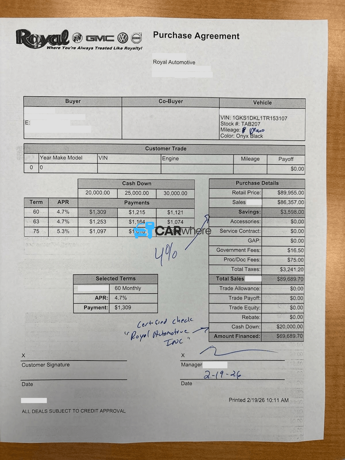 Redacted 2026 GMC Yukon Denali deal sheet from Royal in Birmingham, AL — what a verified buyer paid