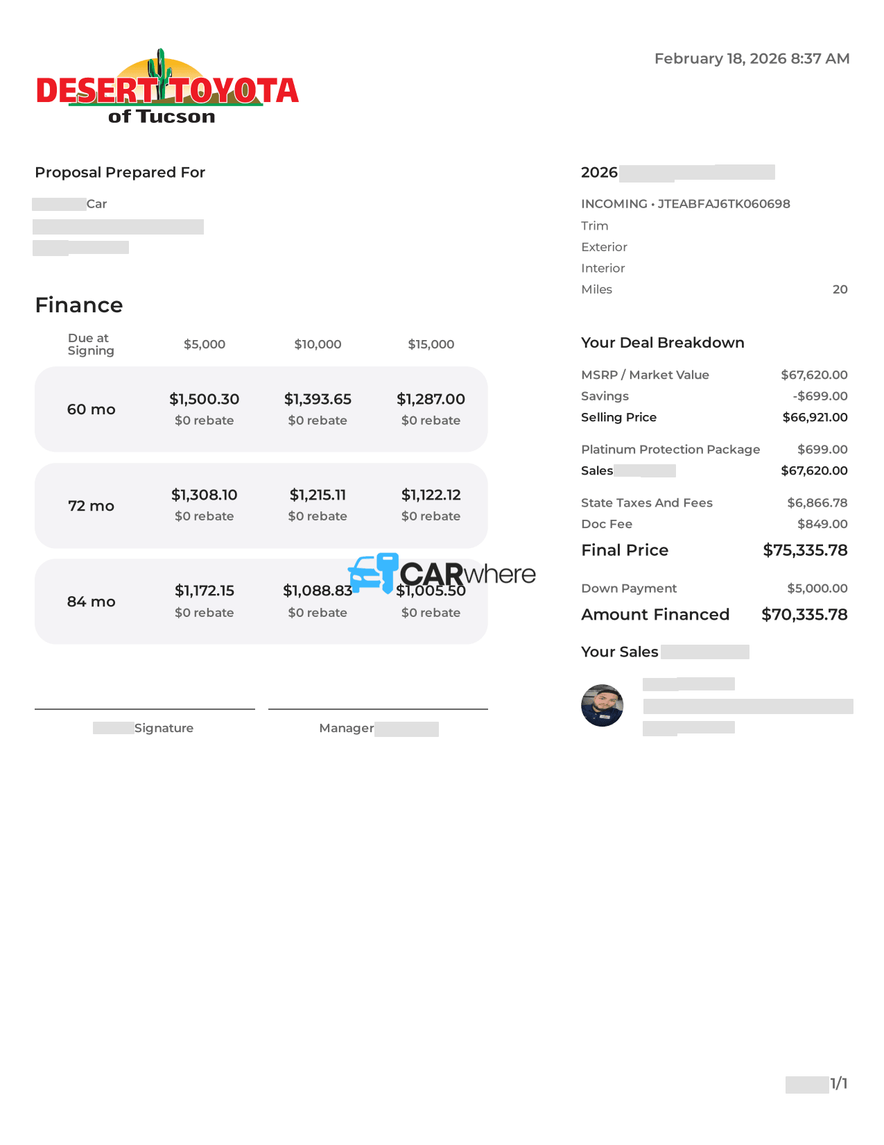 Redacted 2026 Toyota Land Cruiser deal sheet from Desert Toyota of Tucson in Tucson, AZ — what a verified buyer paid