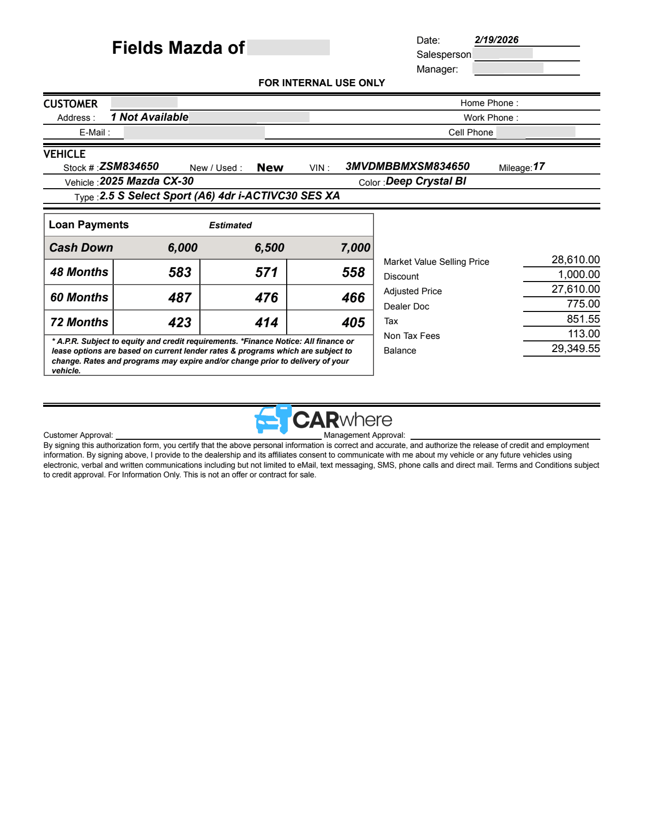 Redacted 2025 Mazda CX-30 deal sheet from Fields Mazda of Asheville in Asheville, NC — what a verified buyer paid
