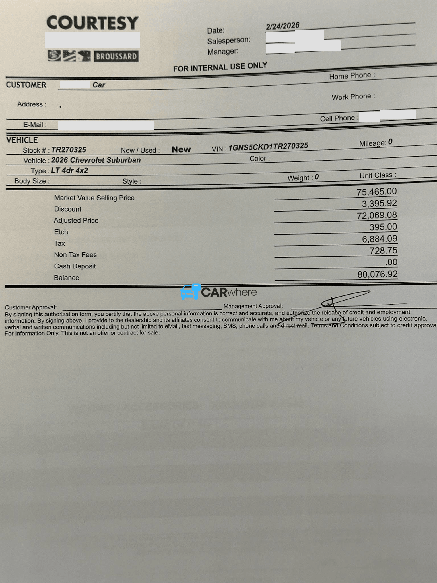 Redacted 2026 Chevrolet Suburban LT 4x2 deal sheet from Courtesy Cadillac Broussard in Broussard, LA — what a verified buyer paid