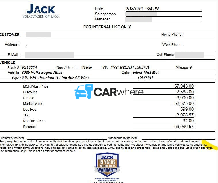 Redacted 2026 Volkswagen Atlas 2.0t Sel Premium R-line All-whe deal sheet from Jack Volkswagen of Saco in Saco, ME — what a verified buyer paid