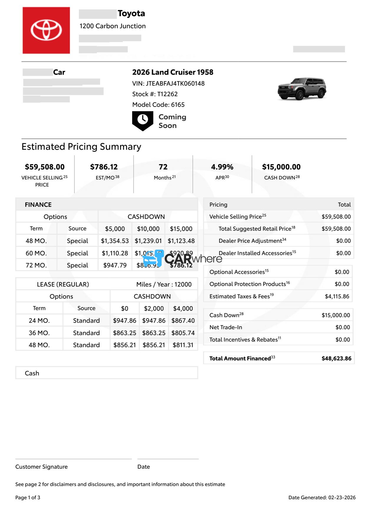 Redacted 2026 Toyota Land Cruiser deal sheet from Durango Toyota in Durango, CO — what a verified buyer paid