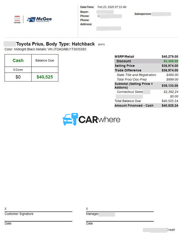 Redacted 2026 Toyota Prius deal sheet from Mcgee Toyota of Putnam in Putnam, CT — what a verified buyer paid