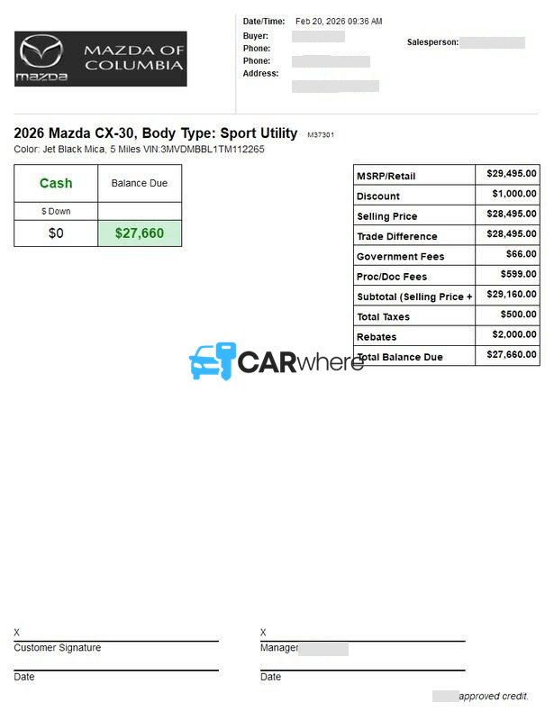 Redacted 2026 Mazda CX-30 Sport Utility deal sheet from Mazda of Columbia in Columbia, SC — what a verified buyer paid