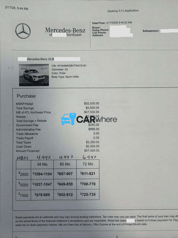 Redacted 2026 Mercedes-Benz GLB 250 M18216 deal sheet from Mercedes-Benz of Atlanta Northeast in Duluth, GA — what a verified buyer paid
