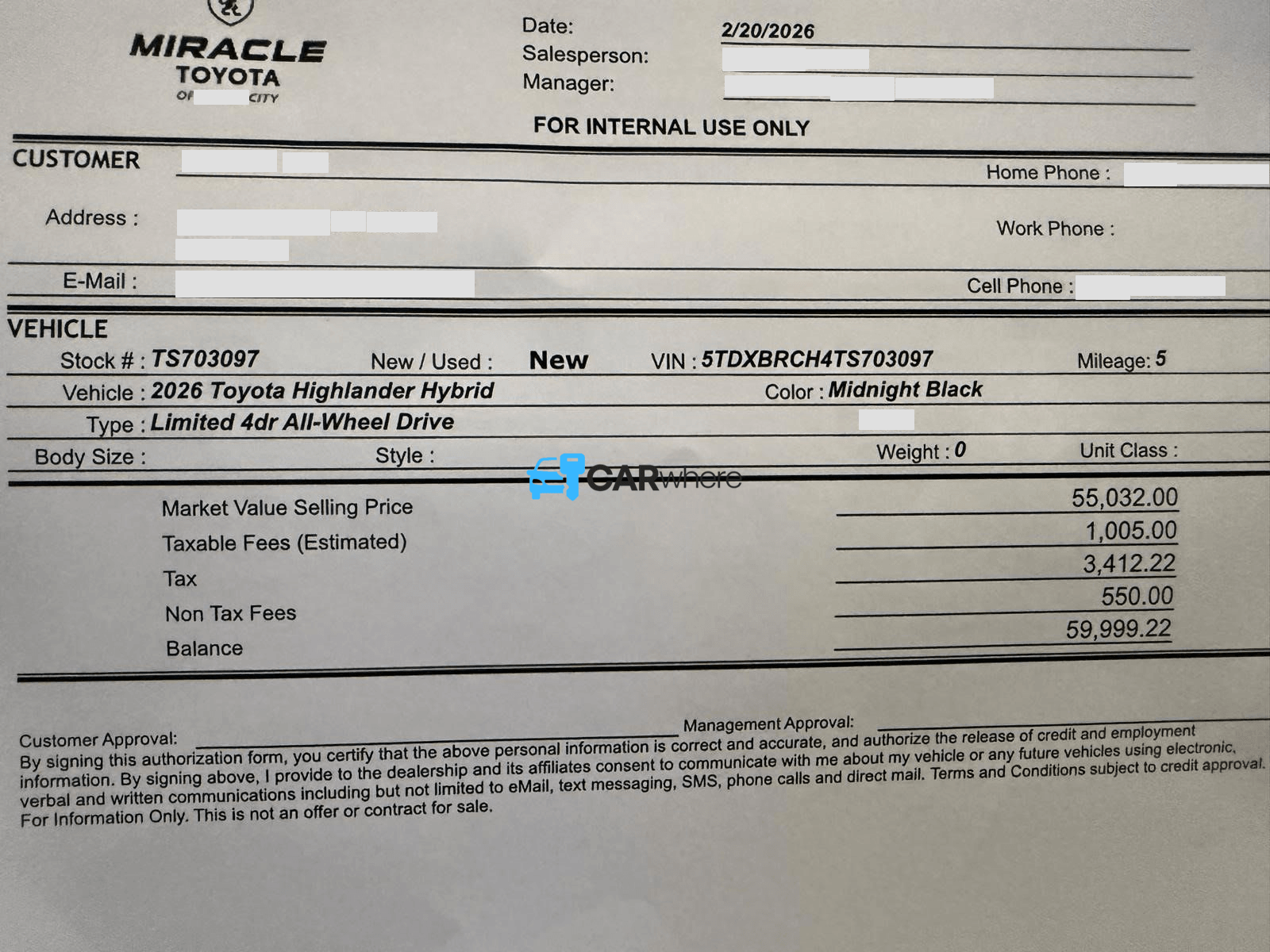 Redacted 2026 Toyota Highlander Hybrid Limited All-wheel Drive deal sheet from Miracle Toyota of Haines City in Haines City, FL — what a verified buyer paid