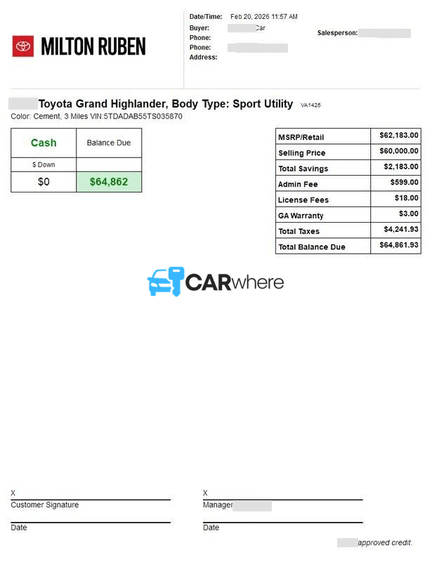 Redacted 2026 Toyota Grand Highlander Sport Utility deal sheet from Milton Ruben in Augusta, GA — what a verified buyer paid