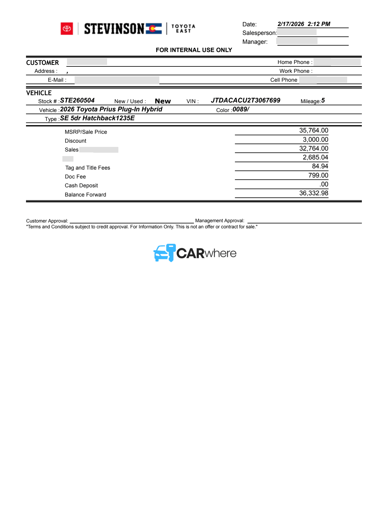 Redacted 2026 Toyota Prius Plug-in Hybrid deal sheet from Stevinson Toyota East in Aurora, CO — what a verified buyer paid