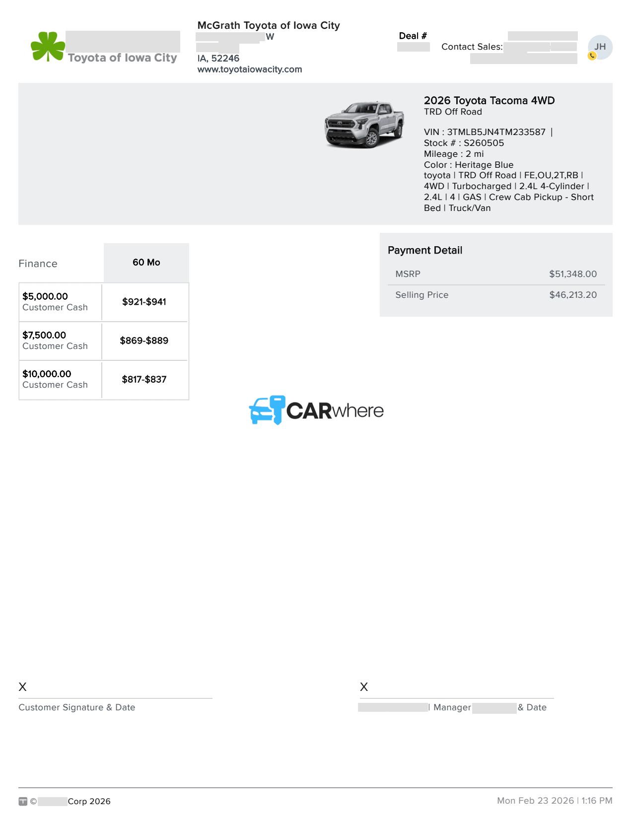 Redacted 2026 Toyota Tacoma TRD Off Road deal sheet from Mcgrath Toyota of Iowa City in Iowa City, IA — what a verified buyer paid