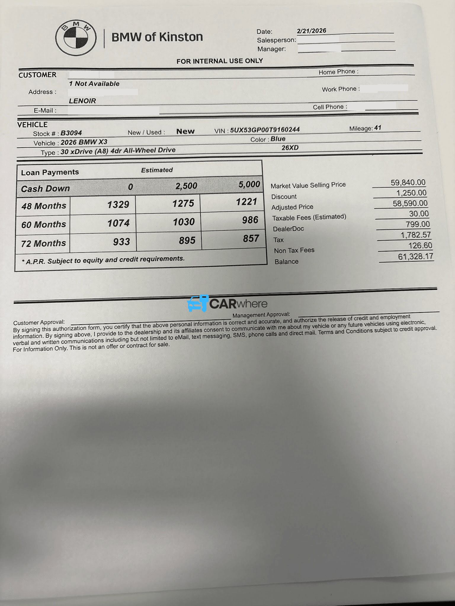 Redacted 2026 BMW X3 Xdrive (a8) All-wheel Drive deal sheet from BMW of Kinston in Kinston, NC — what a verified buyer paid