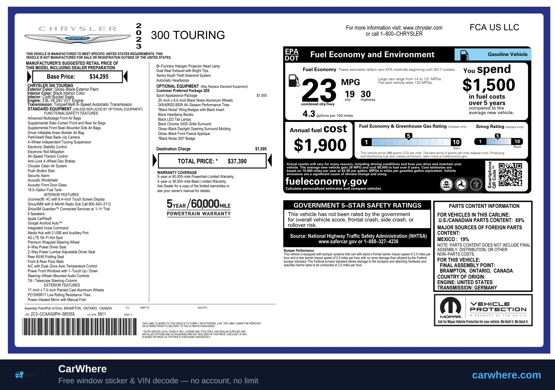 2023 Chrysler 300 window sticker (Monroney label) example — original factory MSRP, packages, options, and EPA ratings
