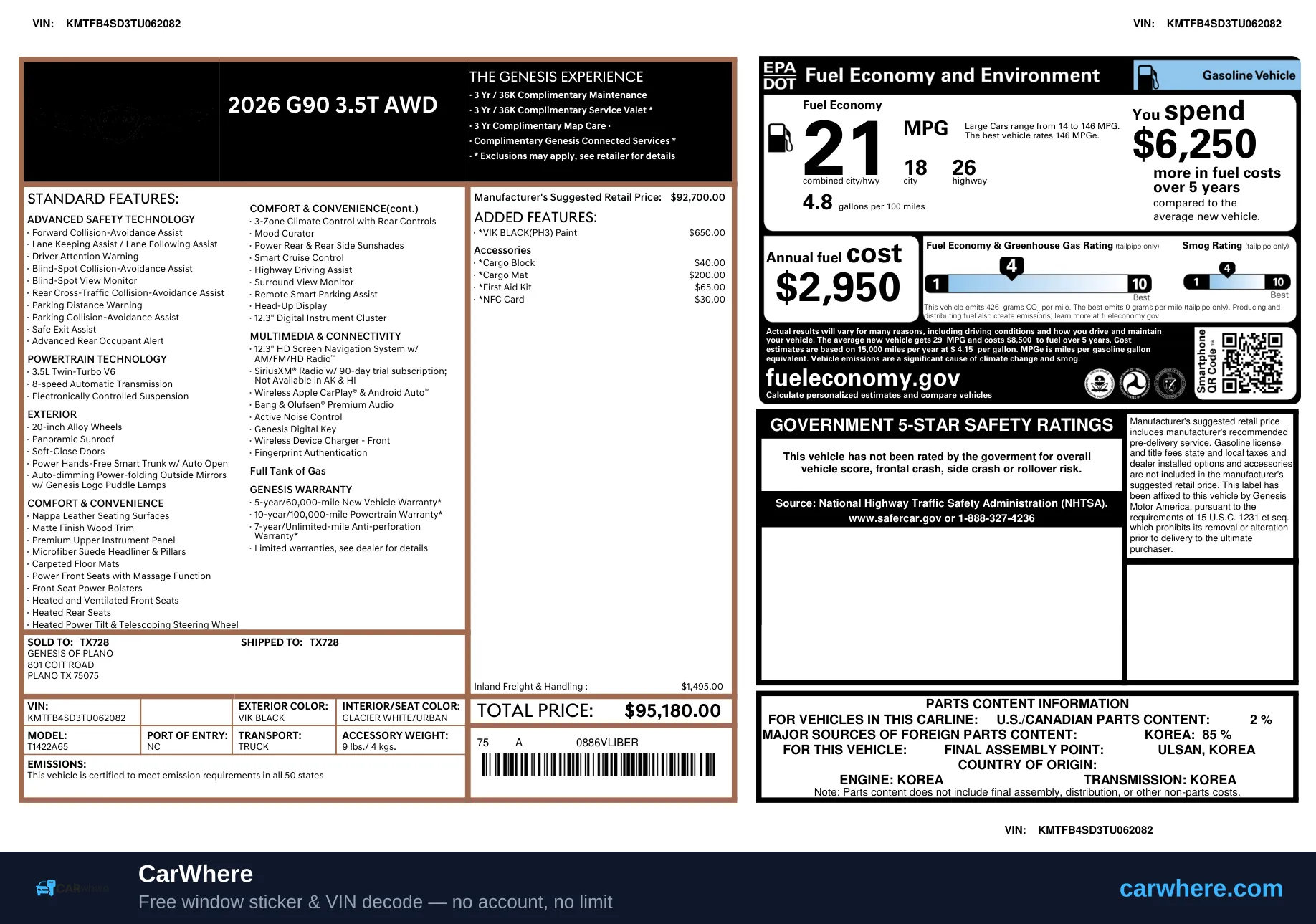 2026 Genesis G90 window sticker (Monroney label) example — original factory MSRP, packages, options, and EPA ratings
